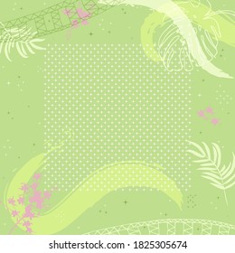Viereckige Zusammensetzung aus tropischen Blättern, Blumen und geometrischen Ornamenten. Floraler, süßer Hintergrund für Druck, Textilien, Decken, Oberfläche, Scrapbooking, Entkopplung. Bandana, Schals, Pareo-Design