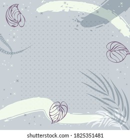Composición cuadrada en hojas tropicales, flores y adorno geométrico. Fondo floral exótico lindo para impresión, textil, cubiertas, superficie, scrapbooking, desacoplamiento. Bandana, pañuelos, diseño pareo
