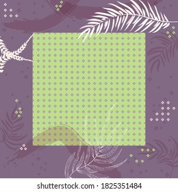 Viereckige Zusammensetzung aus tropischen Blättern, Blumen und geometrischen Ornamenten. Floraler, süßer Hintergrund für Druck, Textilien, Decken, Oberfläche, Scrapbooking, Entkopplung. Bandana, Schals, Pareo-Design