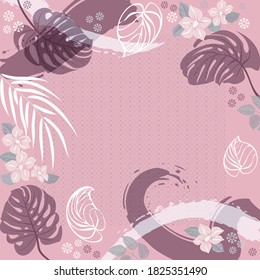 Square composition in tropical leaves, flowers and geometric ornament. Floral exotic cute background for print, textile, covers, surface, scrapbooking, decoupage. Bandana, scarves, pareo design