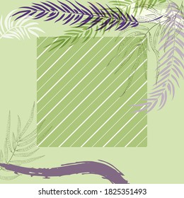Composición cuadrada en hojas tropicales, flores y adorno geométrico. Fondo floral exótico lindo para impresión, textil, cubiertas, superficie, scrapbooking, desacoplamiento. Bandana, pañuelos, diseño pareo