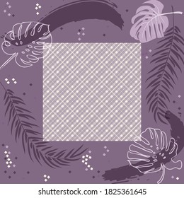 Square composition in tropical leaves, flowers and geometric ornament. Floral exotic cute background for print, textile, covers, surface, scrapbooking, decoupage. Bandana, scarves, pareo design