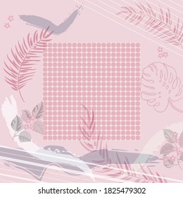 Square composition in tropical leaves, flowers and geometric ornament. Floral exotic cute background for print, textile, covers, surface, scrapbooking, decoupage. Bandana, scarves, pareo design