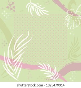 Square composition in tropical leaves, flowers and geometric ornament. Floral exotic cute background for print, textile, covers, surface, scrapbooking, decoupage. Bandana, scarves, pareo design