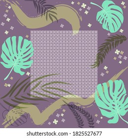 Square composition in tropical leaves, flowers and geometric ornament. Floral exotic cute background for print, textile, covers, surface, scrapbooking, decoupage. Bandana, scarves, pareo design