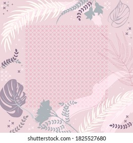 Square composition in tropical leaves, flowers and geometric ornament. Floral exotic cute background for print, textile, covers, surface, scrapbooking, decoupage. Bandana, scarves, pareo design