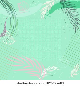 Square composition in tropical leaves, flowers and geometric ornament. Floral exotic cute background for print, textile, covers, surface, scrapbooking, decoupage. Bandana, scarves, pareo design
