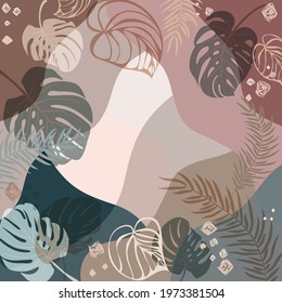 Square composition in tropical leaves and flowers. Bandana, pareo, pillow, home textile design. Floral exotic  enchanting background for shawl print, textile, covers, napkin, hijab. Scarf for beach
