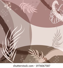 Square composition in tropical leaves and flowers. Bandana, pareo, pillow, home textile design. Floral exotic  enchanting background for shawl print, textile, covers, napkin, hijab. Scarf for beach