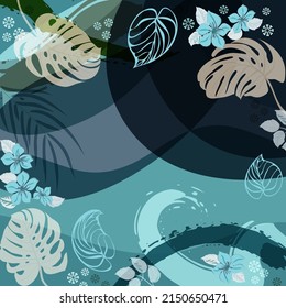 Square composition in tropical leaves and flowers. Bandana, pareo, pillow, home textile design. Floral exotic  enchanting background for shawl print, textile, covers, pillow, napkin, hijab.