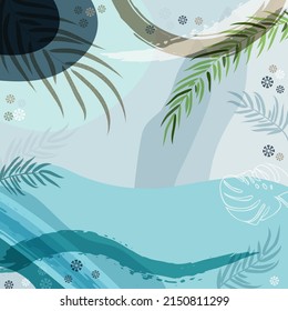 Square composition in tropical leaves and flowers. Bandana, pareo, pillow, home textile design. Floral exotic  enchanting background for shawl print, textile, covers, pillow, napkin, hijab.