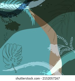 Square composition in tropical leaves and flowers. Bandana, pareo, pillow, home textile design. Floral exotic  enchanting background for shawl print, textile, covers, pillow, napkin, hijab.