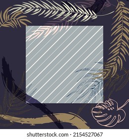 Square composition in tropical leaves, flowers and geometric ornament. Floral exotic  enchanting background for scarf print, textile, covers, surface, scrapbooking, decoupage. Bandana, scarves, pareo 