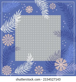 Square composition in tropical leaves, flowers and geometric ornament. Floral exotic  enchanting background for scarf print, textile, covers, surface, scrapbooking, decoupage. Bandana, scarves, pareo 