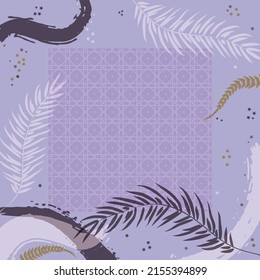 Square composition in tropical leaves, flowers and geometric ornament. Floral exotic  enchanting background for scarf print, textile, covers, surface, scrapbooking, decoupage. Bandana, scarves, pareo 