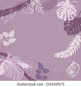 Composición cuadrada en hojas tropicales, flores y adorno geométrico. Fondo floral exótico de encantos para la impresión de pañoleta, textil, cubiertas, superficie, raspado, desacoplamiento. Bandana, pañuelos, pareo 