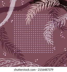 Square composition in tropical leaves, flowers and geometric ornament. Floral exotic  enchanting background for scarf print, textile, covers, surface, scrapbooking, decoupage. Bandana, scarves, pareo 