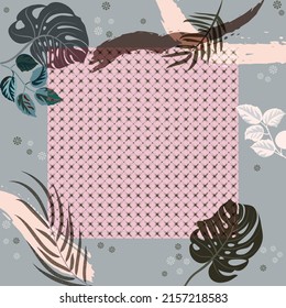 Viereckige Zusammensetzung aus tropischen Blättern, Blumen und geometrischen Ornamenten. Blumenexotischer, bezaubernder Hintergrund für Scharfdruck, Textilien, Decken, Oberfläche, Scrapbooking, Entkopplung. Bandana, Schals, Pareo 