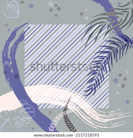 Square composition in tropical leaves, flowers and geometric ornament. Floral exotic  enchanting background for scarf print, textile, covers, surface, scrapbooking, decoupage. Bandana, scarves, pareo 