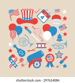 Square composition with USA Symbols silhouettes. 