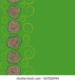 Square composition with vertical abstrct vintage roses. Vector seamless pattern with stylized yellow, neutral and green roses and copy space (place for your text).