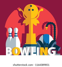 Square composition with word bowling, pins and winner cup on red background