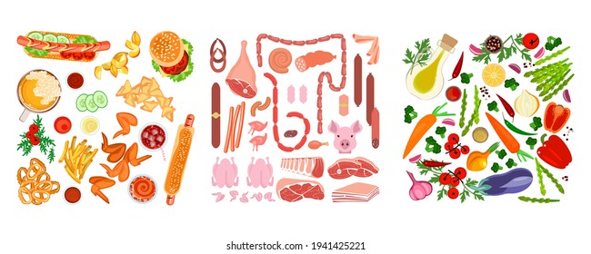 Square compositions with colorful different food set