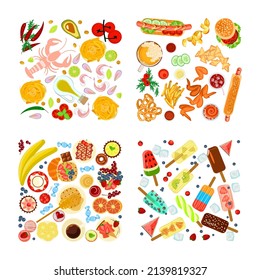 Square compositions menu banner with different with food. Flat Art Vector Illustration.