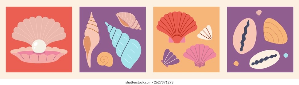 Composições quadradas com conchas e pérola de vieira. Projeto marinho para decoração náutica e projetos inspirados no oceano. Ilustração vetorial moderna, desenhado à mão, design plano