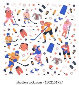 Square concept illustration with young ice hockey players, equipment and accessories. Flat vector art for your project