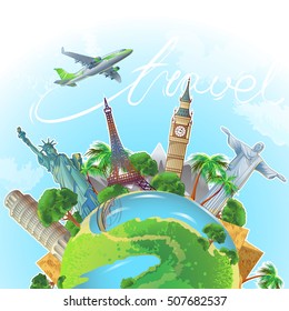 Square conceptual composition with earth globe with huge sights towers statues and trees and airplane vector illustration