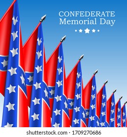 Square Confederate Memorial Day vector banner or social network post template with realistic Confederate flags on blue sky background
