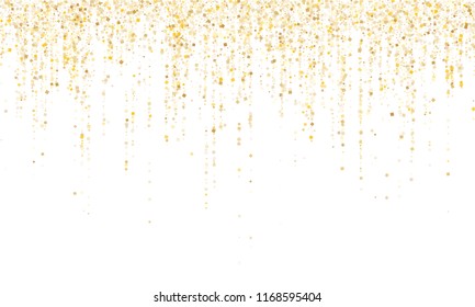 Square confetti gold garlands vector illustration on white. Glowing hanging garlands made of square sparkles gold confetti flying on white background. Anniversary holiday decoration.