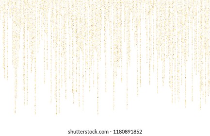 Square confetti gold garlands vector illustration on white. Glowing hanging garlands made of square sparkles gold confetti flying on white background. Anniversary holiday decoration.