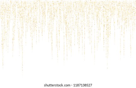 Square confetti gold garlands vector illustration on white. Bright hanging garlands made of square sparkles gold confetti flying on white background. Birthday holiday decoration.