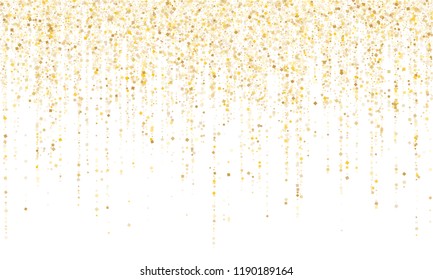 Square confetti gold garlands vector illustration on white. Bright hanging garlands made of square sparkles gold confetti flying on white background. Anniversary holiday decoration.