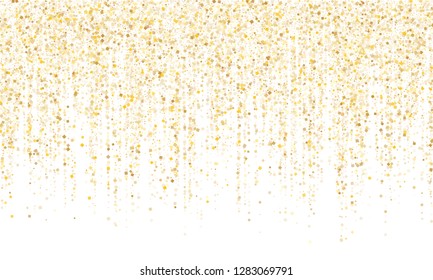 Square confetti gold garlands vector illustration on white. Bright hanging garlands made of square sparkles gold confetti flying on white background. Anniversary holiday decoration.