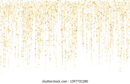 Square confetti gold garlands vector illustration on white. Bright hanging garlands made of square sparkles gold confetti flying on white background. Anniversary holiday decoration.