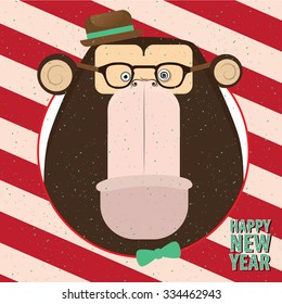 Square congratulation Happy New Year with closeup monkey in candy retro frame