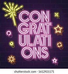 Square congratulations typography with sparkles and confetti. Neon text for celebrating lottery, giveaway, birthday, anniversary. Glowing letters on brick wall background.