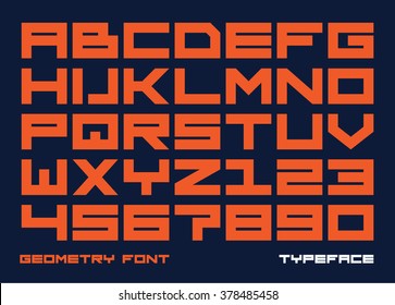 Square contemporary monospaced font, letters and numbers. Vector illustration.