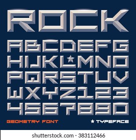 Square contemporary monospaced font, letters and numbers. Metallic beveled version. Vector illustration.