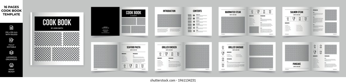 Square Cookbook Layout Template with Black Accents, Simple style and modern design, Recipe Book Layout