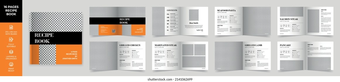 Square Cookbook Layout Template with Black and Orange Accents, Simple style and modern design, Recipe Book Layout