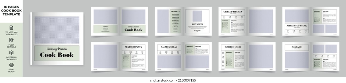 Square Cookbook Layout Template with Black Accents, Simple style and modern design, Recipe Book Layout