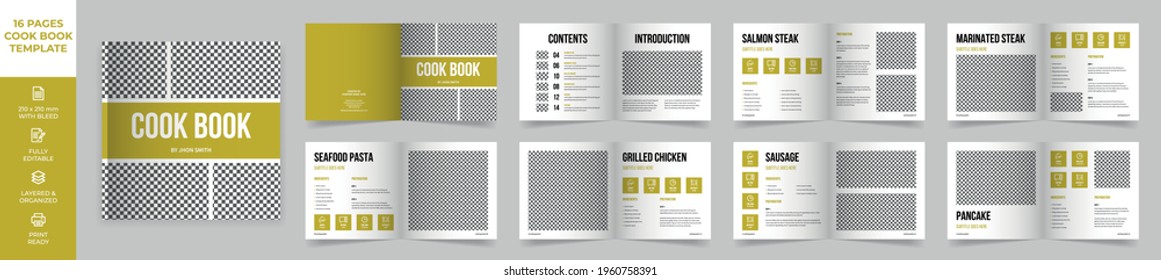 Square Cookbook Layout Template with Green Accents, Simple style and modern design, Recipe Book Layout