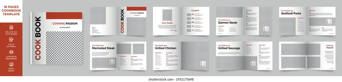 Square Cookbook Layout Template with Red Accents, Simple style and modern design, Recipe Book Layout