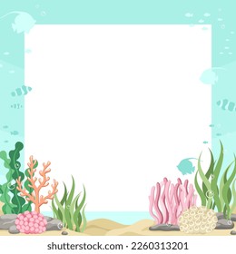 Square coral reefs and fishes underwater scene and nature border. Marine life frame vector design template. Backgrounds with copy space for text for banners, social media stories