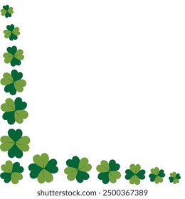 Square corner border of four leaf clover in different sizes in trendy green. Greeting design concept