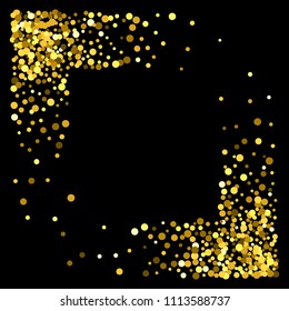 Square corner gold frame or border with glitter particles effect. Golden dust sparkling texture. Use for banner, greeting and Christmas card, postcard, wedding invitation. Vector illustration.